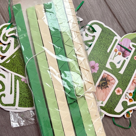 Happy Birthday Floral Green and White Banner and paper fans! - Picture 2 of 6